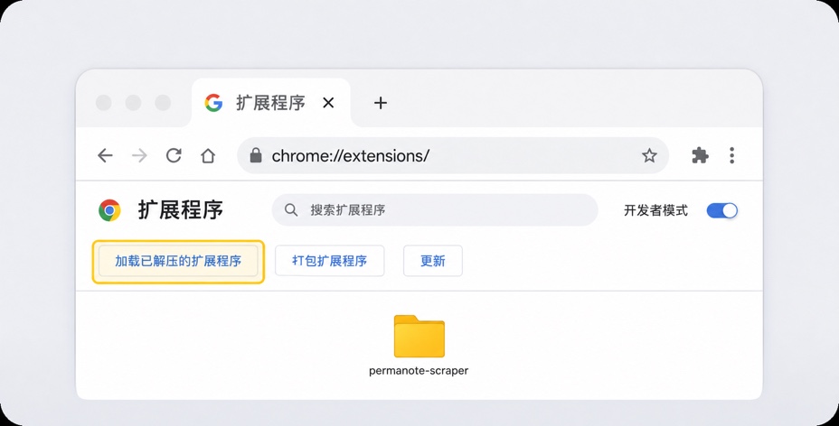 点击加载已解压的扩展程序并选择 permanote-scraper 文件夹